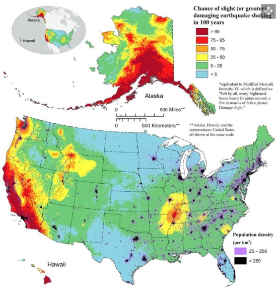 Погані новини. У США опублікували першу сейсмічну карту — у зоні ризику землетрусів майже 75% території